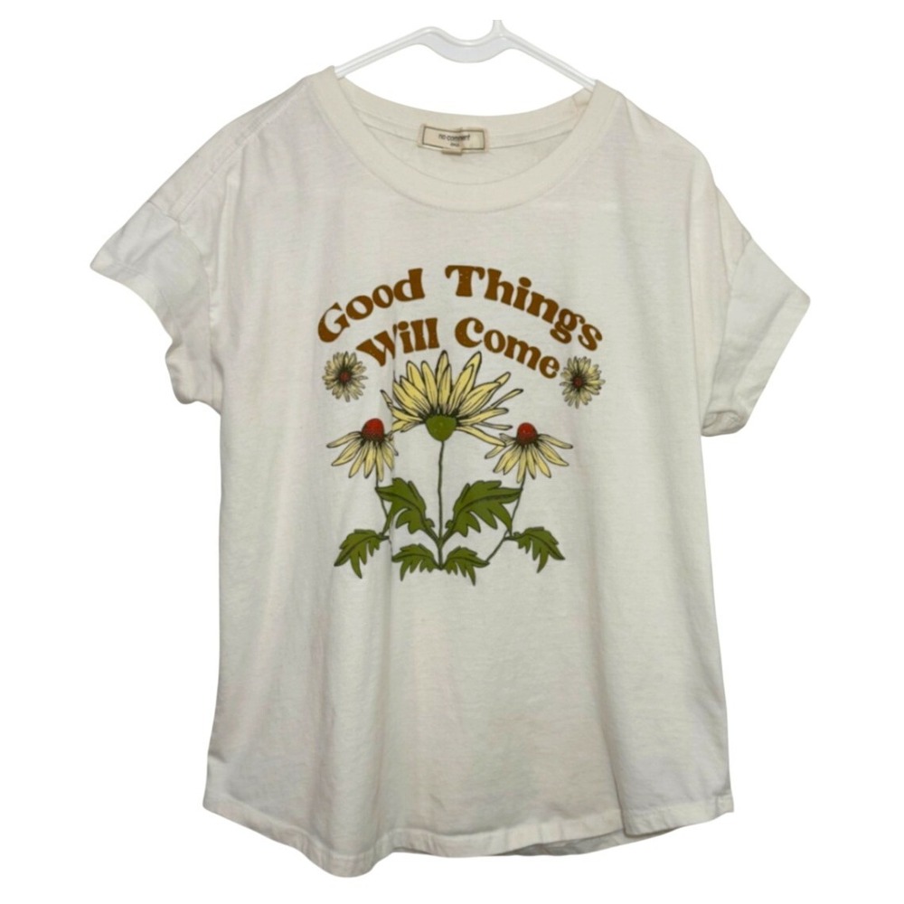No Comment Graphic Tee Cream Floral Good Things Will Come Women Large Boho Retro